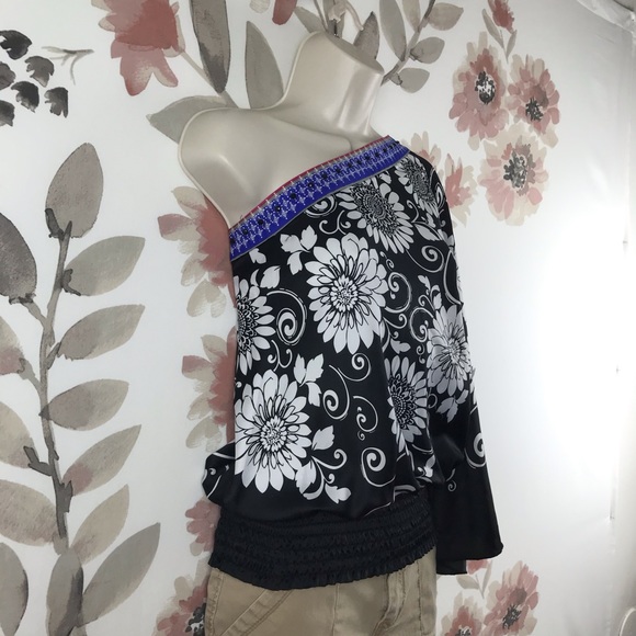 ICE One Shoulder Asymmetrical Purple Sequins White Floral Black Top Medium - Picture 16 of 16